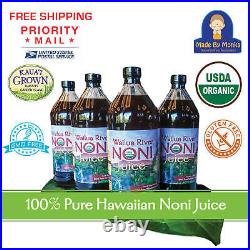 100% HAWAIIAN WAILUA RIVER NONI JUICE Certified Organic 4 Glass Bottles 32 oz