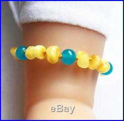 Genuine Baltic Baby Teething Amber Anklet / Bracelet + aquamarine 14 cm 5,5