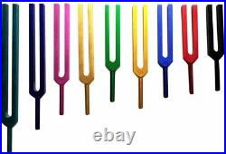 Solfeggio 9 Colored Tuning Forks Long Stem incl DNA & 528Hz w Activator & Pouch