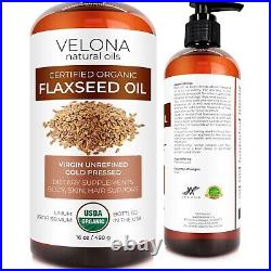 Velona USDA Certified Organic Flaxseed Oil 16 oz Unrefined, Cold Pressed